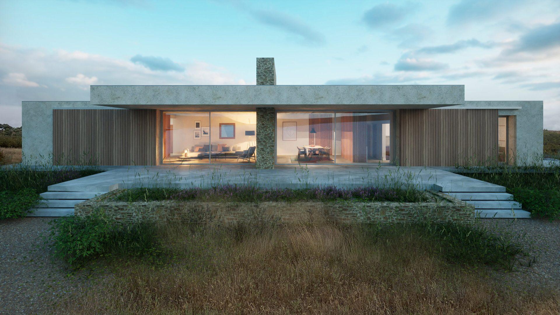 Contemporary villa at dusk, concrete and timber, Atlantic light