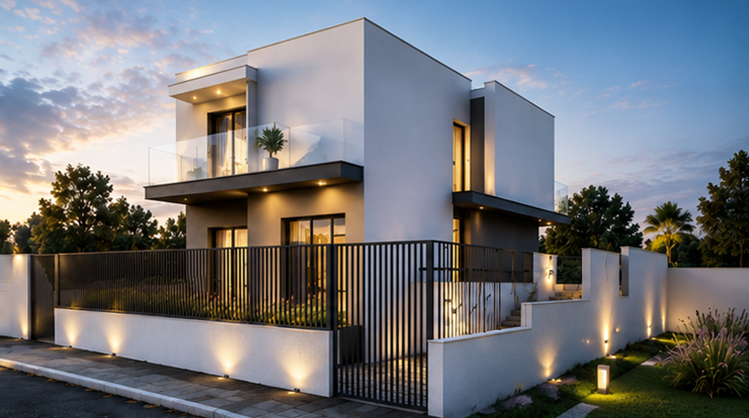 White corner villa with terrace and warm lighting at dusk — Belas