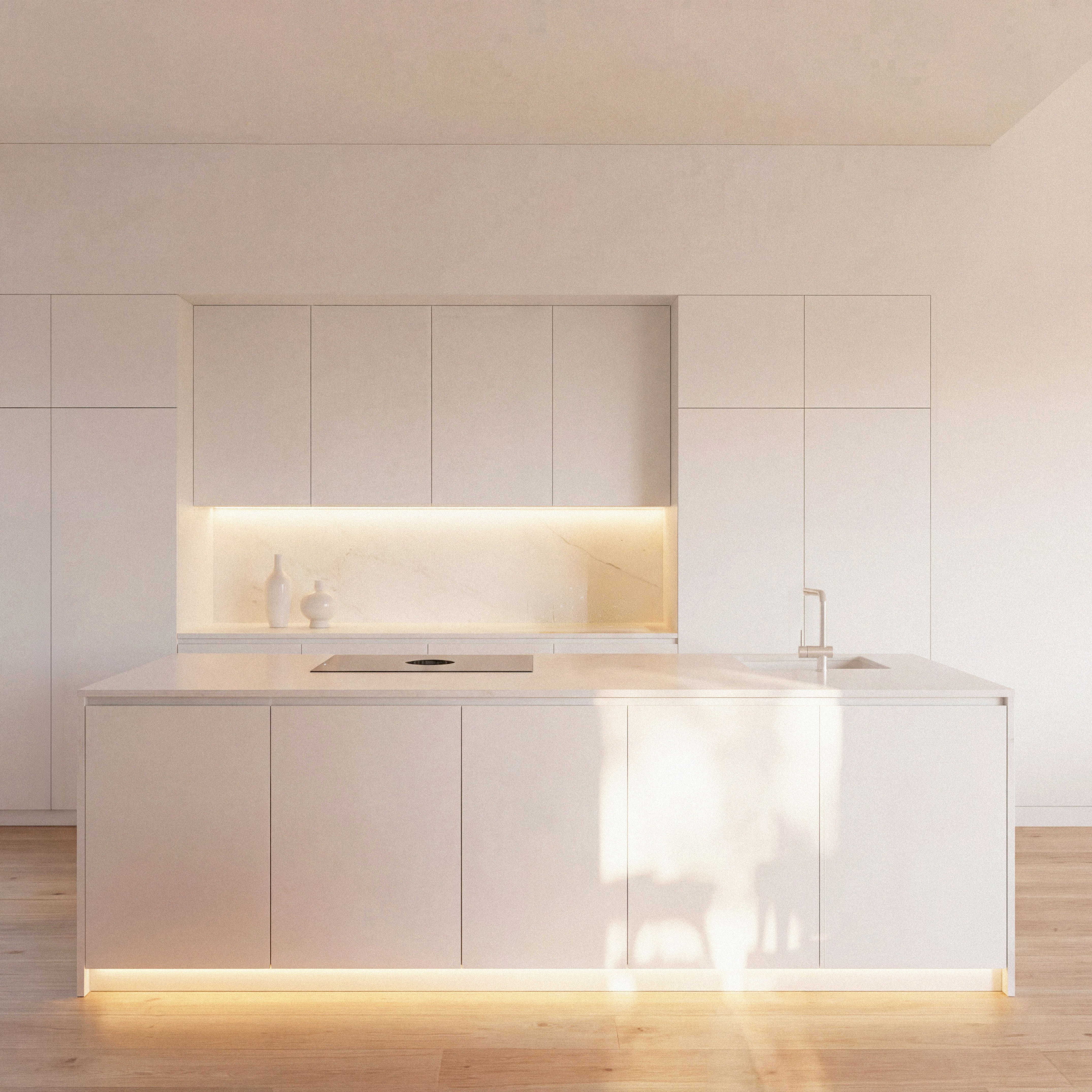 Minho Kitchen2 — minimal white kitchen with marble island