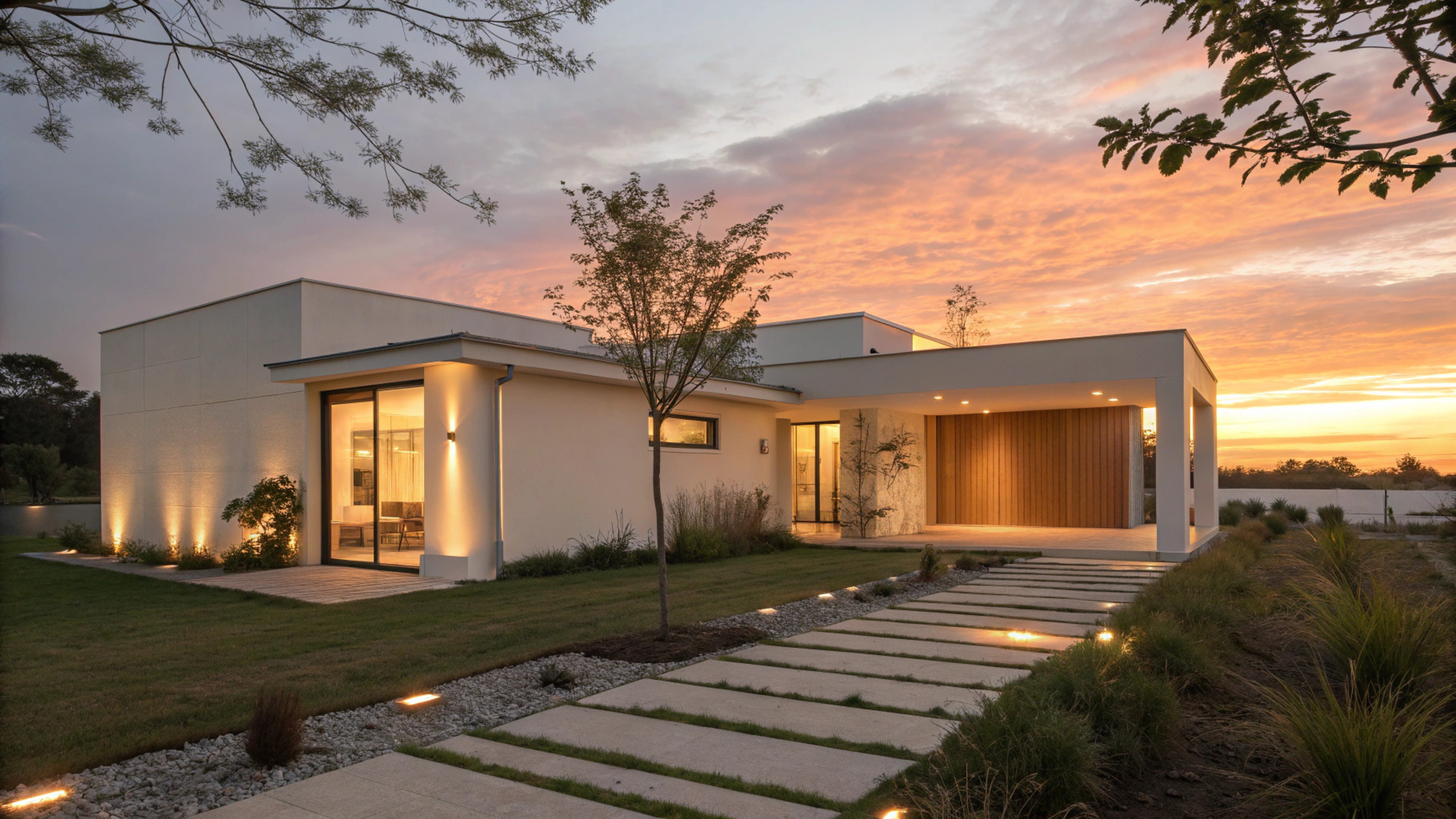 V2 — compact volume residence at dusk